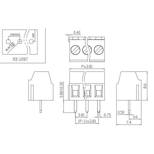 3,81 mm Type de vis de tangage PCB Block Block 2P3P peut être épissé